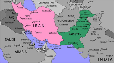 Fototapeta premium Vector political, physical, geographical world map. Fragment of asia region with strait of hormuz, iran, pakistan, kuwait, saudi arabia, oman, iraq, united arab emirates, afghanistan, tajikistan.