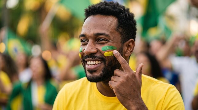Happy Brazilian supporter with green and yellow face paint smiling and celebrating at a sports event or national festival