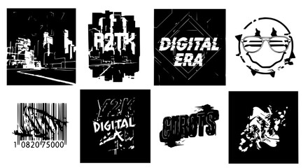 Fototapeta premium Abstract Grunge Graphics Collection: Digital Era, Barcode, Smiley Face, Cityscape