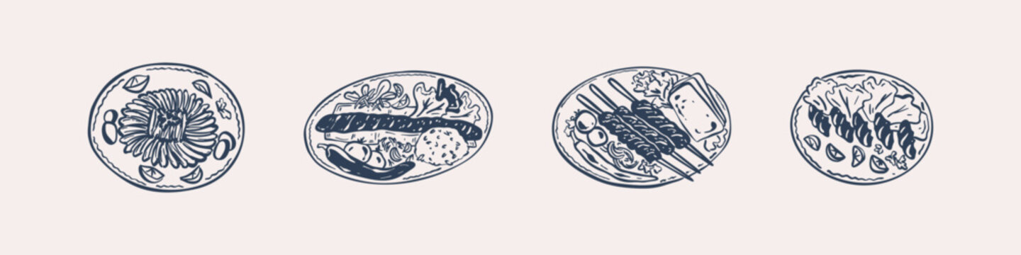Hand drawn crayon sketch set of Turkish food vector illustration. Doodle dana shish, Adana kebab, Cig kofte, hamsi tava. Turkish restaurant menu design elements. Meat grill, doner, Urfa kebab drawing
