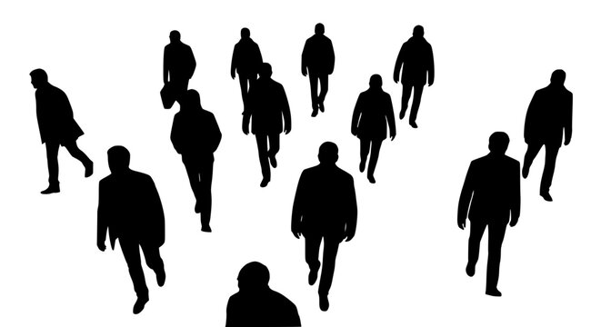 Silhouettes of men walking forward on white background, diverse group