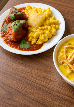 Traditional Mondongo Chuquisaque&ntilde;o, Bolivian spicy pork stew served with yellow corn and potatoes
