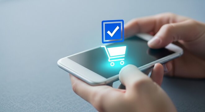 Online shopping confirmation on smartphone screen with hands holding device