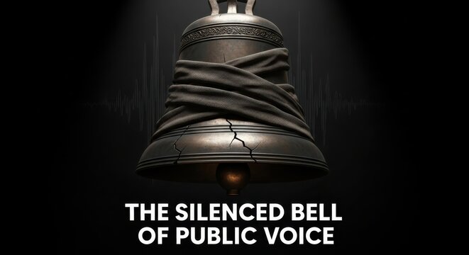 The Silenced Bell Suppressed Voice Metaphor Metallic Musical Instrument Broken Freedom Symbolism Heavy Metal News Censorship Allegory Unheard Protest Signal Lost Liberties Concept