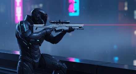 Fototapeta premium Futuristic City Sniper Cyberpunk Marksman Aiming Rifle with Laser Sight on Urban Rooftop at Night Sci-Fi Vigilante Protecting Metropolis Dystopian Future Warfare Concept Art