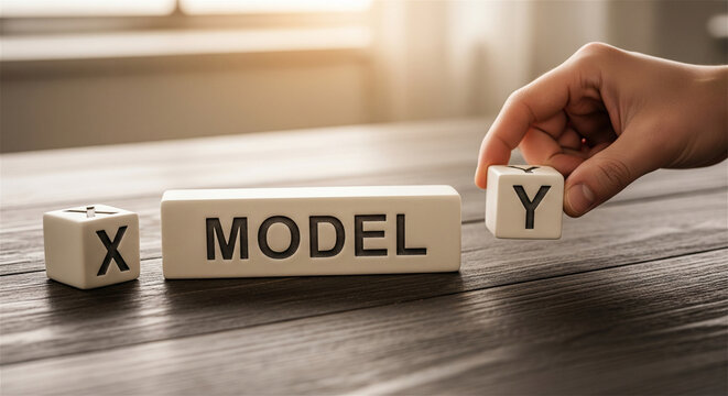 Business Model X and Y concept, wooden blocks with text on office desk, hand placing letter Y cube for strategy comparison