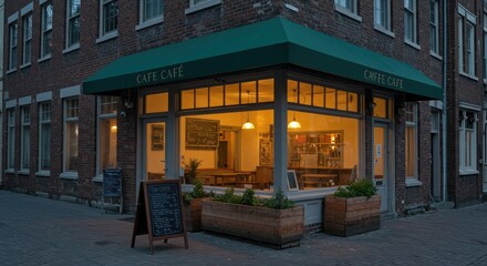 Fototapeta premium Exterior view of a corner cafe with awning and illuminated windows