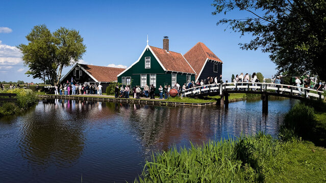 Traditional Dutch windmills at Zaanse Schans, a historic open-air village in the Netherlands, featuring green wooden houses, canals, and scenic countryside.
