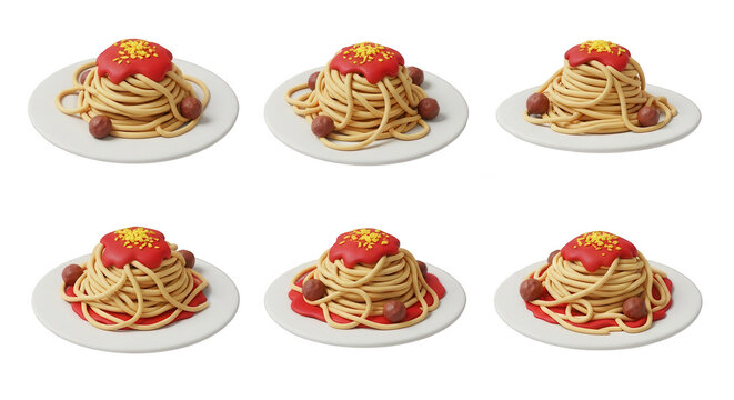spaghetti and meatballs dish presentation on white plates with a plain white background for italian cuisine related content