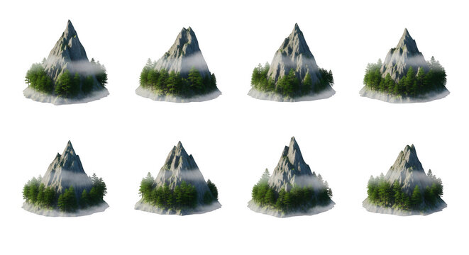 3d rendered illustration of multiple mountain models various views trees and fog on a white background for digital art or educational content