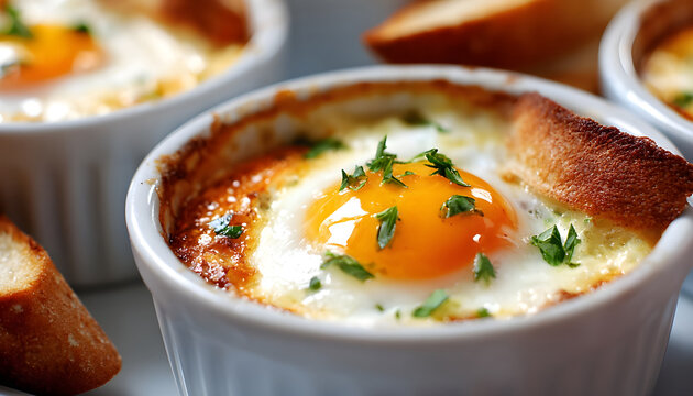 Eggs en cocotte (baked eggs) in ramekins