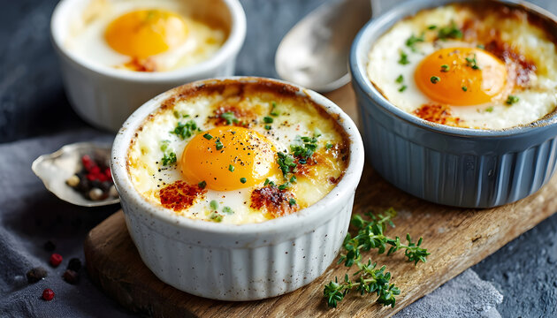 Eggs en cocotte (baked eggs) in ramekins