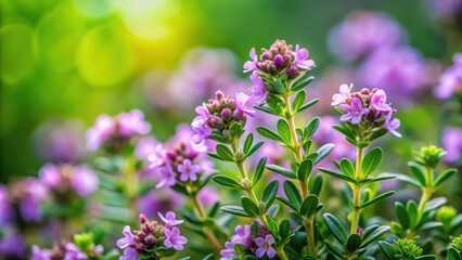 Obraz premium Title A photo of a blooming thyme herb plant with vibrant purple flowers and lush green leaves