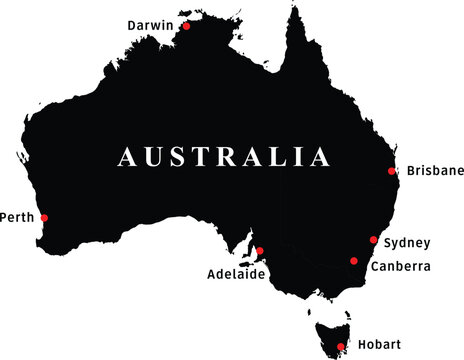 Australia Map with Major City Locations Perth Darwin Adelaide Brisbane Sydney Canberra and Hobart Editable Cartography Illustration