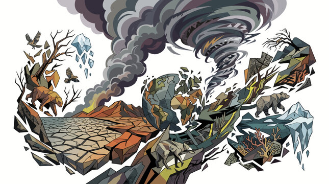 Illustration of a tornado destroying the environment.