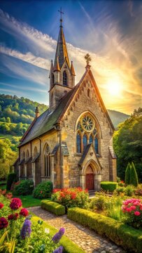 A photo of a historic parish church standing tall and proud amidst lush green hills, its stained glass windows reflecting the warm sunlight, surrounde