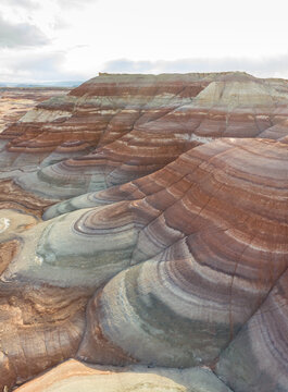 Aerial view close up of colour stratus in in Hanksville, Utah, USA.