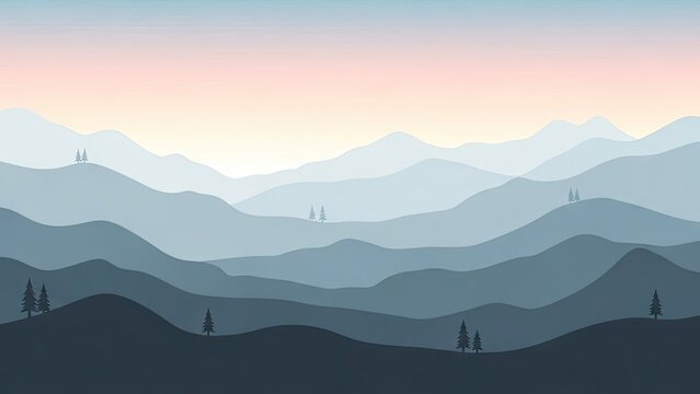 Minimalist mountain range illustration with gradient sky and layered design