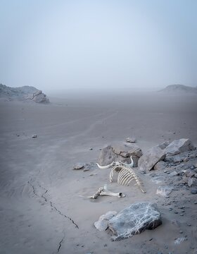 A skeleton of a buffalo resting on a desolate and barren desert landscape.