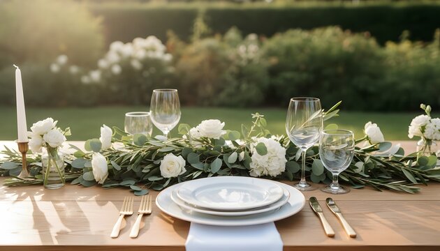 Elegant outdoor wedding party setup and greenery on a wooden table for a luxury wedding season celebration concept with white roses and gold cutlery in a garden