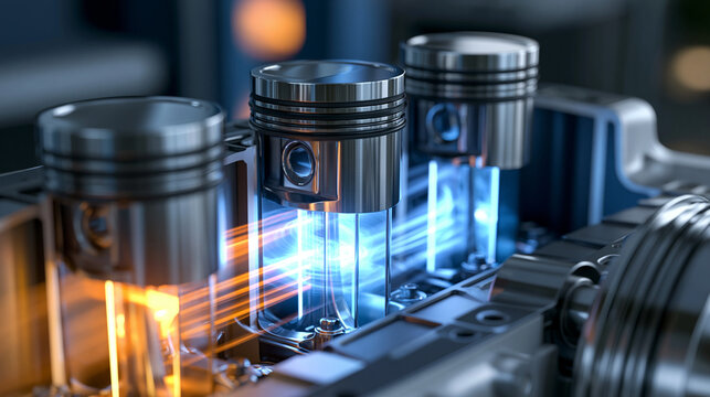 Animated cross-section of a four-cylinder internal combustion engine showing swirling combustion flow for a technical visualization concept. Four-cylinder cross-section, swirling