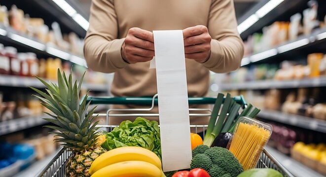 Man checking grocery list in supermarket with full shopping cart.