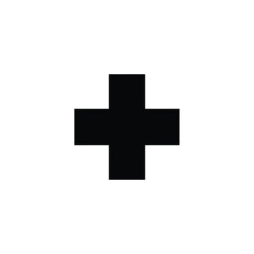 A stark black plus sign symbol is centered on a plain white background.