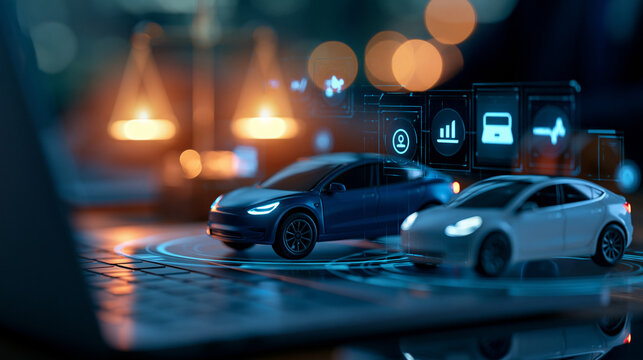 Digital legal concept representing the transition from traditional internal combustion engine vehicles to electric cars with scales of justice and legal symbols on a laptop. Legal