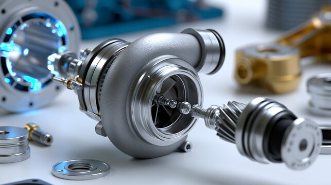 Exploded turbocharger components assembly with internal combustion engine on a white background for a detailed automotive mechanical concept. Turbocharger exploded, component