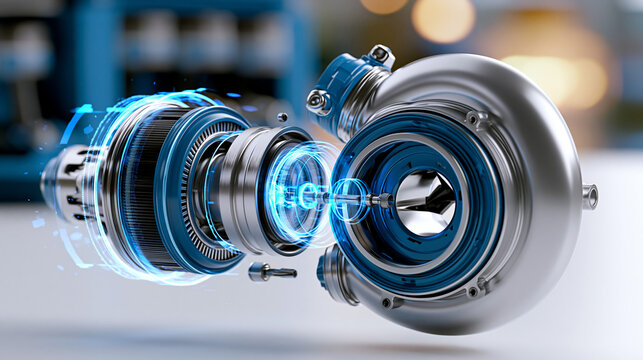 Exploded turbocharger components assembly with internal combustion engine on a white background for a detailed automotive mechanical concept. Turbocharger exploded, component