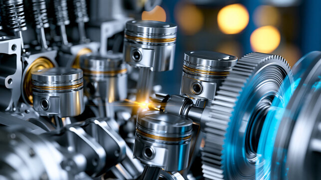 Internal combustion engine cross-section with mechanical components showing technical detail and engineering precision. Engine cross-section, mechanical components, technical