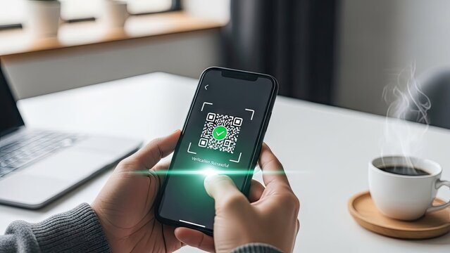 Smartphone displays qr code for verification or payment application indoors