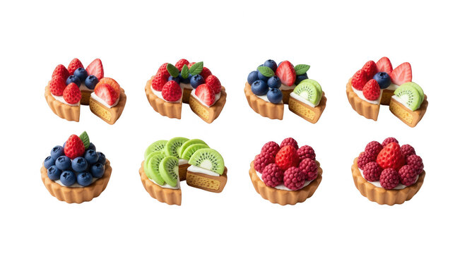 colorful mini fruit tarts on a white background arranged for visual appeal good for food photography and recipe use