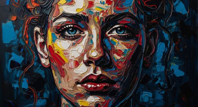 Thick layers of oil paint and messy charcoal lines cover facial features, illustrating a constant cycle of creation and overwriting art, creative, skin, process