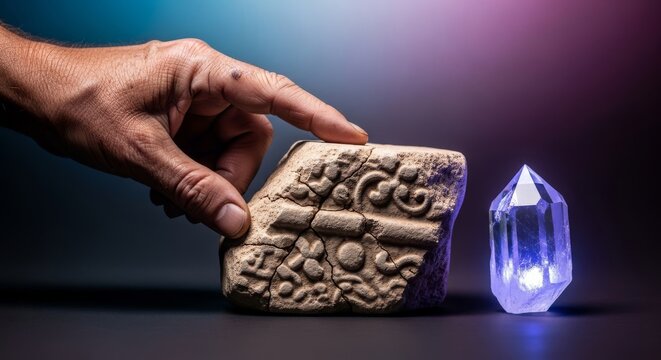 Weathered fingers touch a crumbling ancient stone artifact beside a glowing modern crystal, revealing the disparity in temporal lifespans, durability, transition, abstract