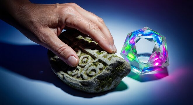 Weathered fingers touch a crumbling ancient stone artifact beside a glowing modern crystal, revealing the disparity in temporal lifespans, generation, eternity, smooth
