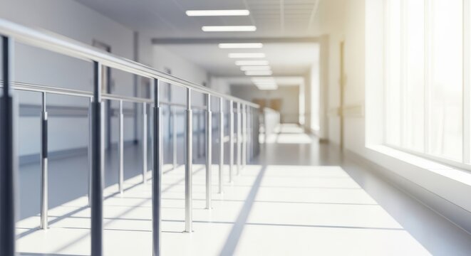 Sturdy metal parallel bars line a bright hospital corridor with sunlight reflecting on a clean floor during a physical recovery procedure, sunlight, physical, rehabilitation