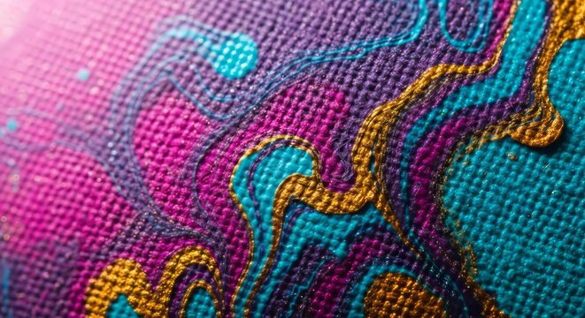 Extreme close-up of colorful ink bleeding into a rough canvas weave, creating vivid swirls of magenta, cyan, and gold with rich textures, palette, wash, tinted