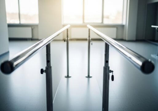 Polished metallic parallel bars for mobility exercises situated in a modern rehabilitation clinic with clean floors and soft daylighting, assistive, orthopedic, training