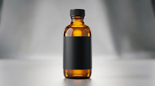 vitamin syrup glass bottle with black blank label, studio lighting, commercial mockup style

