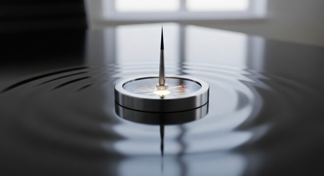 Compass in Water Ripple Effect Guidance Concept Navigation Tool Exploration Direction Finder Metal Instrument on Liquid Surface Travel Inspiration Finding Your Way Adventure Quest