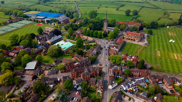 Aerial panoramic view of Repton village church and school facilities
