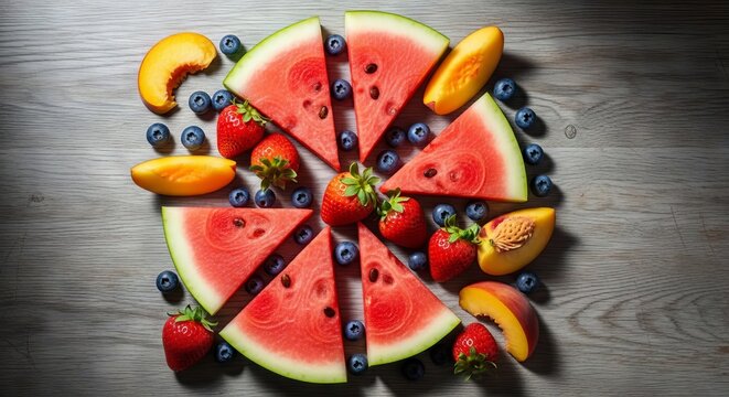 A vibrant top-down view of fresh summer fruits including sliced watermelon, ripe strawberries, blueberries, and peaches on wood surface, raspberry, farm, strawberry