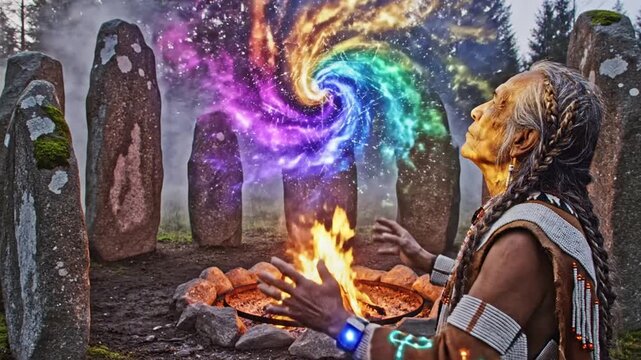 Indigenous shaman conjures cosmic energy in ancient stone circle