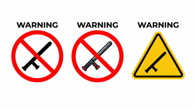 Vector illustration of warning signs indicating the prohibition and caution associated with batons or nightsticks, highlighting security and safety regulations