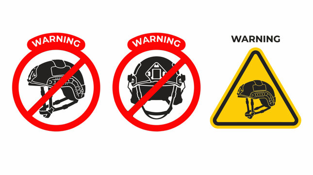 Graphic safety warning signs for head protection rules, illustrating mandatory helmet use and prohibited bareheaded conditions, essential for workplace safety communication