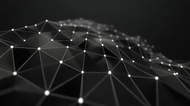 Abstract low poly network mesh with glowing nodes, digital data flow