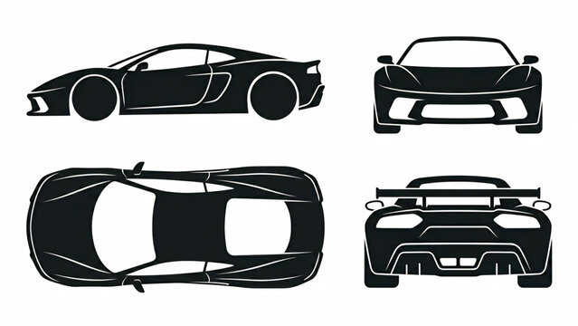 Supercar vector icon set: Modern sports car side, front, and rear silhouette views.