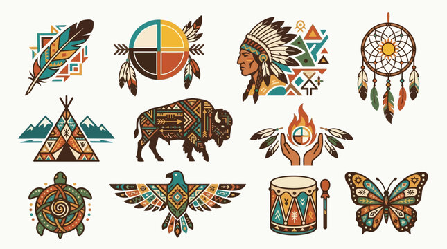 Collection of Native American inspired tribal symbols and icons with geometric patterns and natural elements.