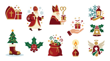 Fototapeta premium Saint Nicholas Day and Christmas Icons Collection with Gifts, Sinterklaas, and Festive Symbols.